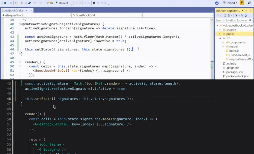 Demostración de revisión de cambios en Live Share: comparación del código y comentarios compartidos entre participantes.