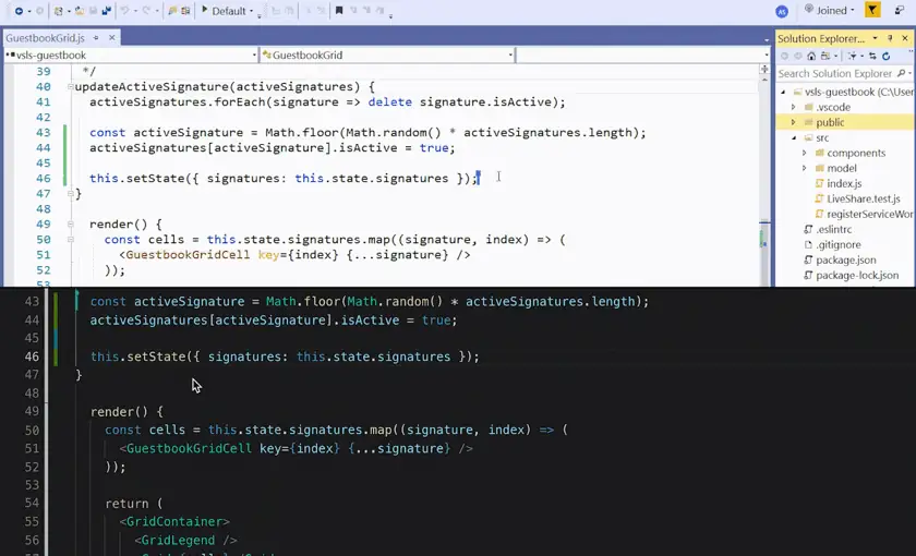 Demostración de revisión de cambios en Live Share: comparación del código y comentarios compartidos entre participantes.