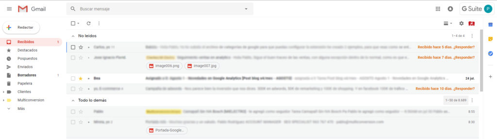 Bandeja de entrada de Gmail con el nuevo diseño descrito en el artículo.