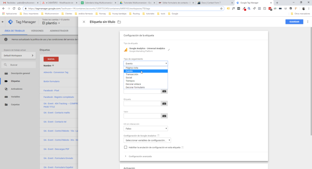Google Tag Manager: elección de Evento como tipo de seguimiento de la etiqueta.