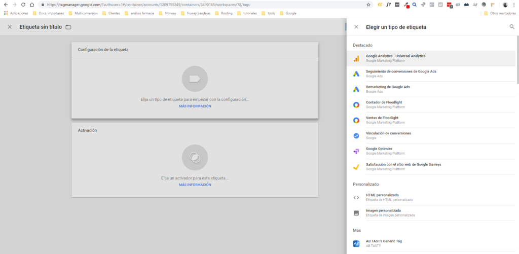 Google Tag Manager: selección del tipo de etiqueta Universal Analytics.