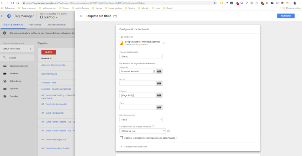 Configuración de los campos de un evento de Google Analytics en Tag Manager.
