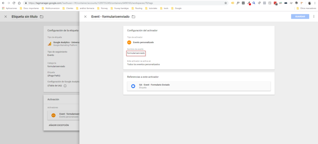 Resumen de la etiqueta de evento, con su configuración y el activador asociado.