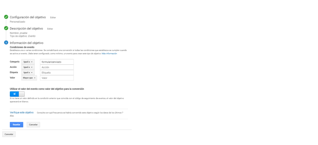 Google Analytics: configuración y detalles de un objetivo basado en un evento.