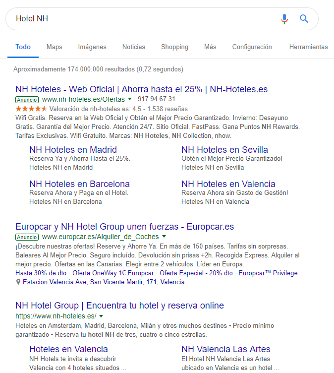 Resultados de Google para «Hotel NH»: anuncio oficial de NH Hotels y anuncio de Europcar, seguidos del resultado orgánico de NH.