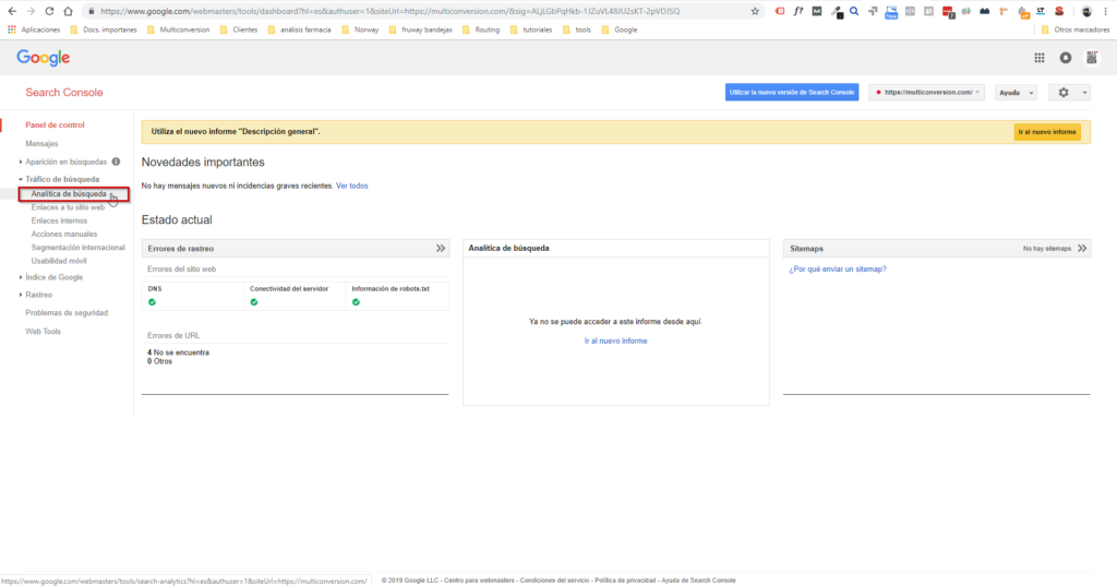Previous Google Search Console interface, showing Search Traffic and Search Analytics.