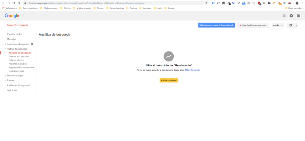 Search Console prompt to open the new version of the performance report.