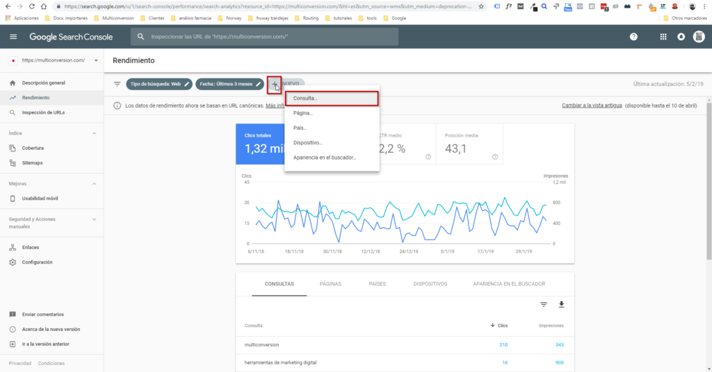 New filter in the Search Console Performance report for filtering results by query.