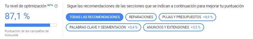 Recomendaciones de Google Ads: puntuación de optimización del 87,1 % y categorías de mejoras propuestas.