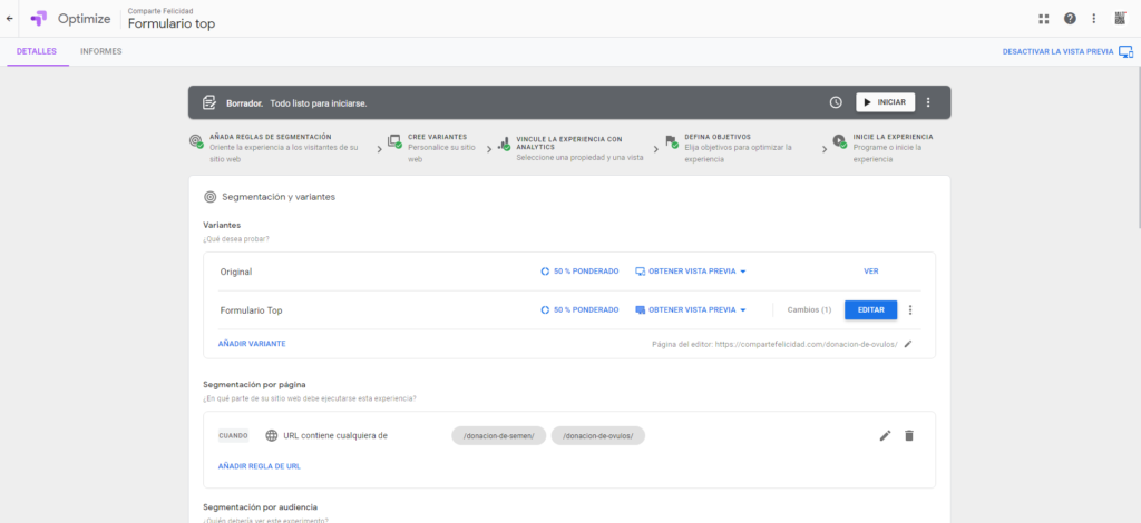 Google Optimize: configuración de una prueba y sus variantes para comparar cambios en una página.
