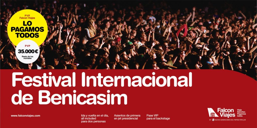 Montaje de campaña sobre el Festival Internacional de Benicàssim con la marca ficticia Falcon Viajes y el mensaje Lo pagamos todos.