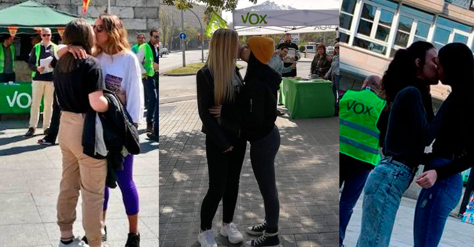 Montaje de tres fotografías de interacciones entre personas ante una carpa de Vox.