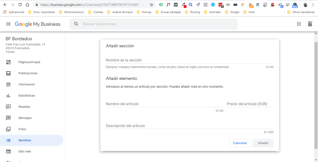 Google My Business: formulario para añadir una sección de productos.