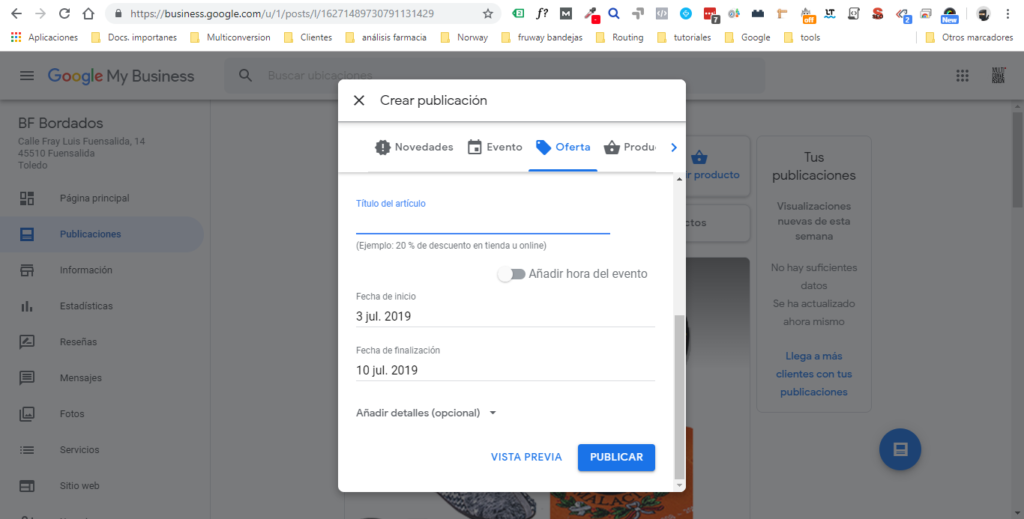 Google My Business: formulario para publicar una oferta con título y fechas de inicio y fin.