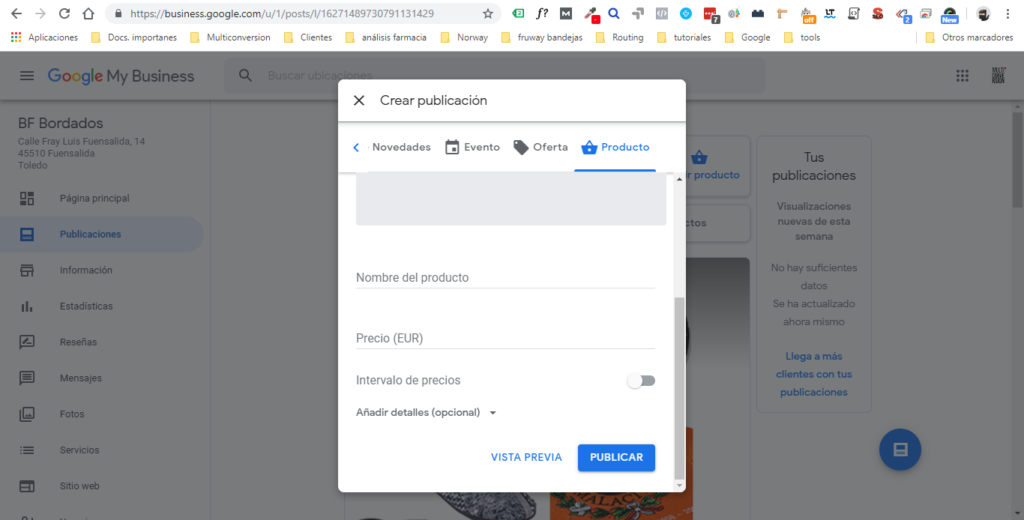 Google My Business: formulario para crear una publicación de producto con foto, nombre, categoría, precio y descripción.
