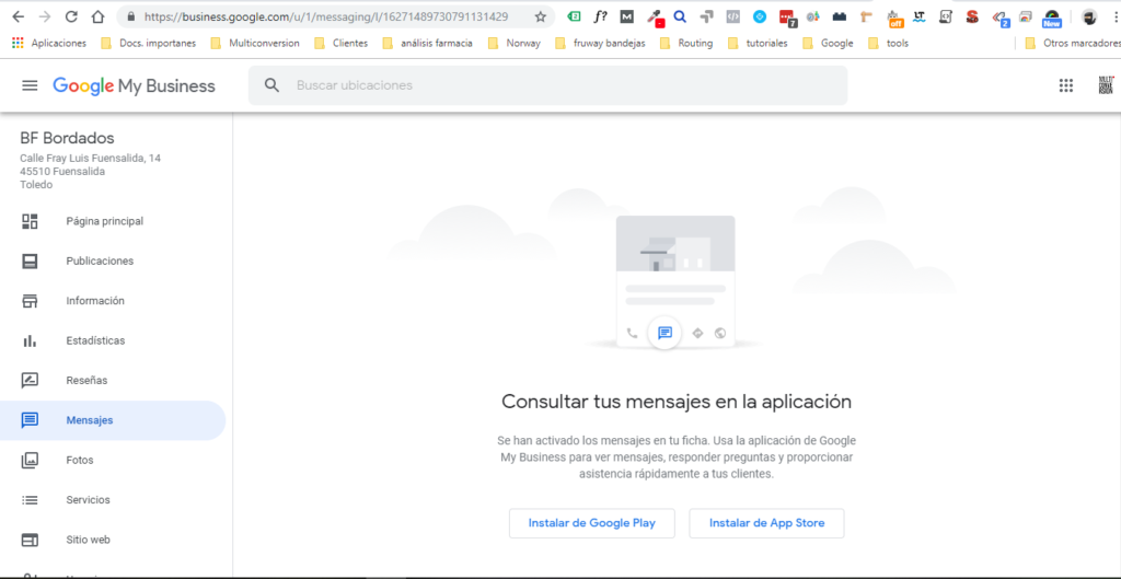 Google My Business: apartado Mensajes con la indicación de consultar los mensajes en la aplicación.