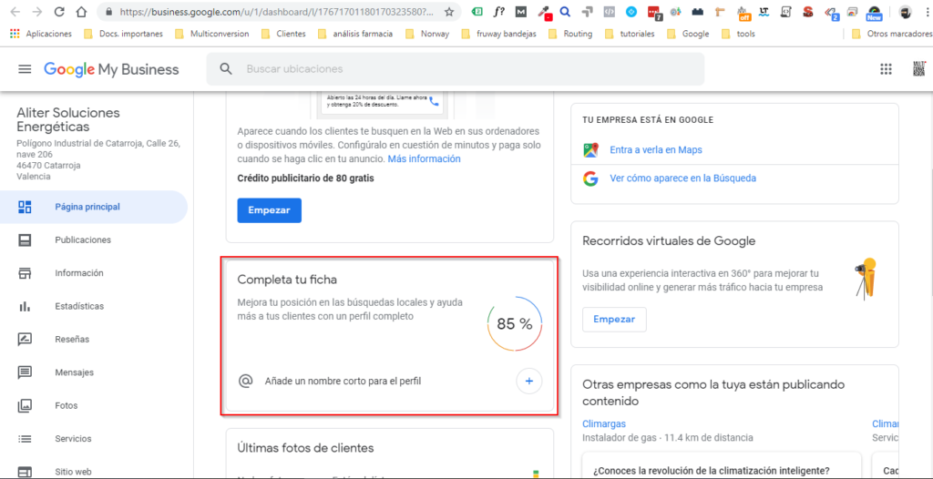 Google My Business: aviso para completar la ficha añadiendo información, con un progreso del 85 %.