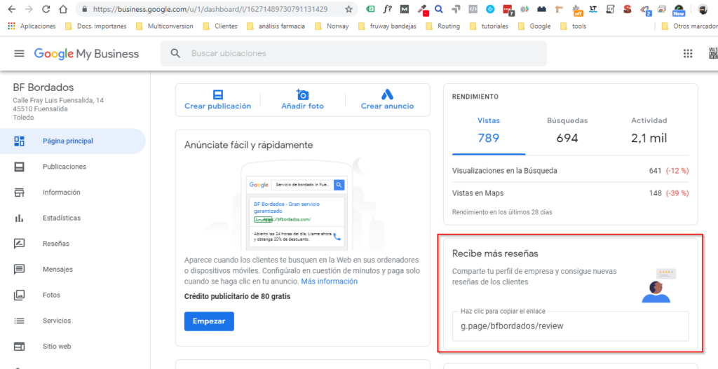 Google My Business: bloque Recibe más reseñas, con un enlace para compartir el formulario de opinión.