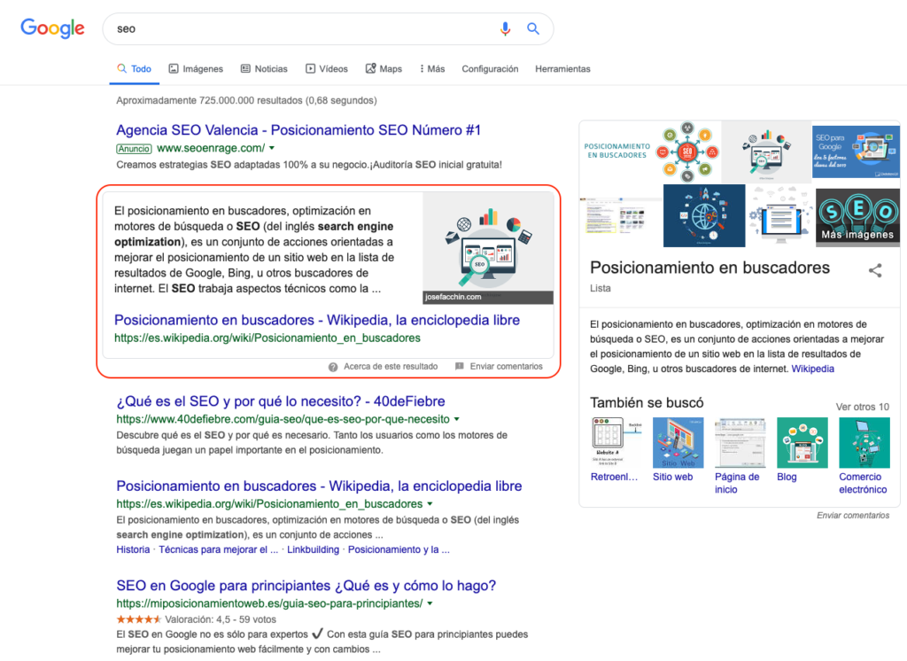 Google results: a featured answer appears above the regular result links.