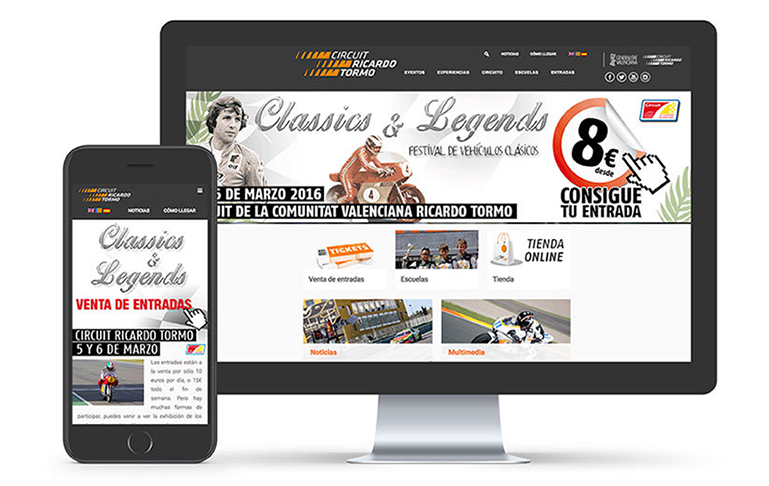La misma web de un evento de motor adaptada a una pantalla de ordenador y a un teléfono móvil.