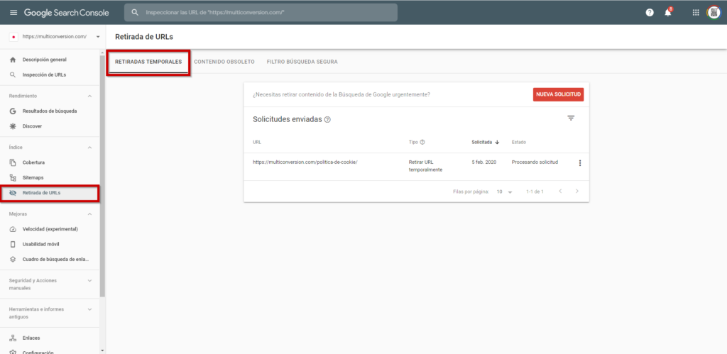 Google Search Console: Retirada de URLs, pestaña Retiradas temporales y botón Nueva solicitud.