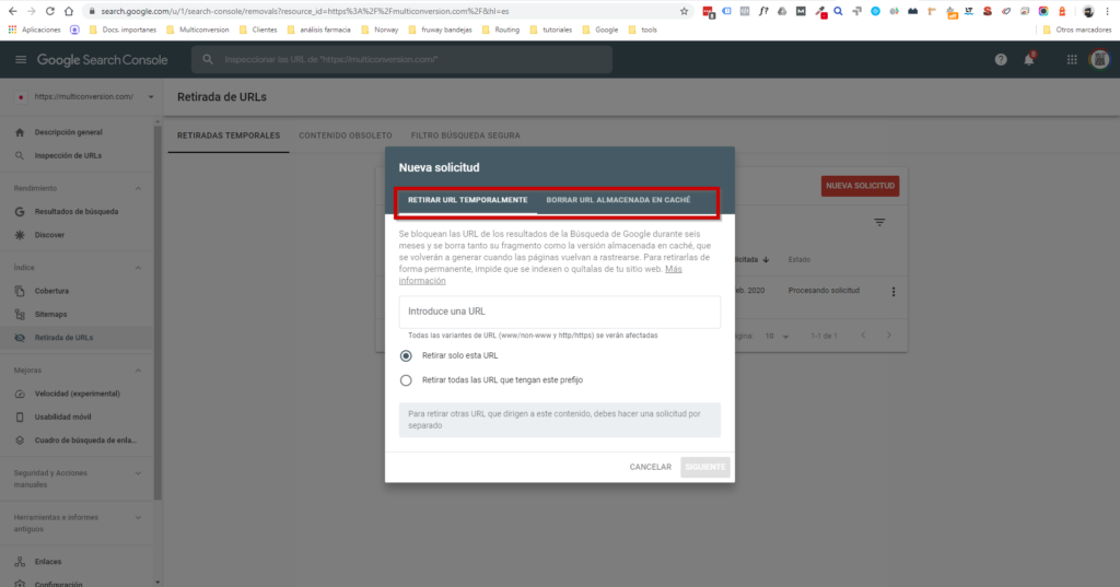 Nueva solicitud de retirada temporal: introducir la URL y elegir si se retira solo esa dirección o las que comparten el prefijo.