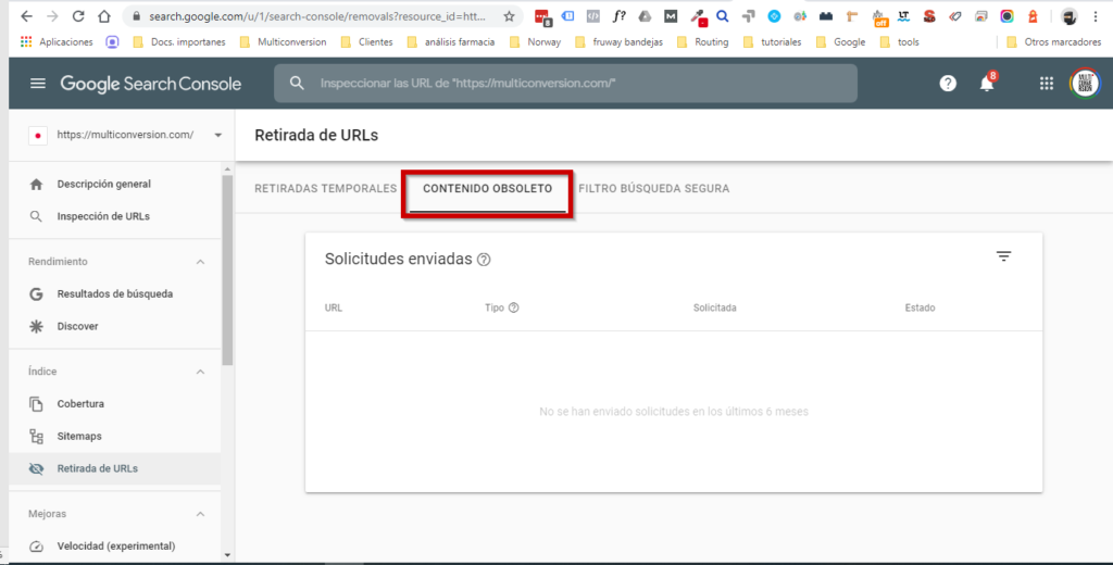 Pestaña Contenido obsoleto de Retirada de URLs en Google Search Console.