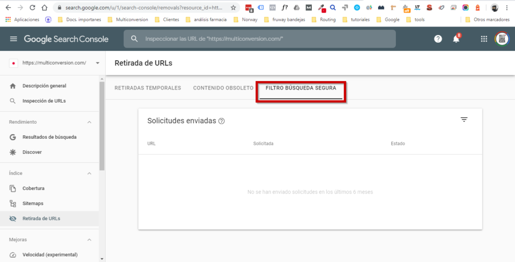 Pestaña Filtro Búsqueda Segura de Retirada de URLs en Google Search Console.