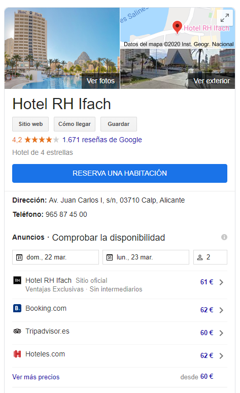 Ficha de Google del Hotel RH Ifach con fotos, mapa, datos de contacto y servicios destacados.
