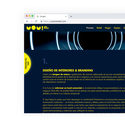 Página de servicios de diseño de interiores y branding de UOU en escritorio.