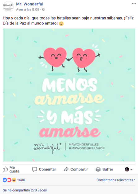 Example of a Mr. Wonderful post in Spanish about love, with hearts and follower reactions.