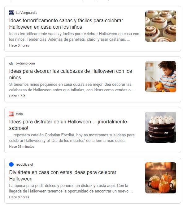 Resultados de búsqueda con ideas de Halloween para planificar contenido estacional.