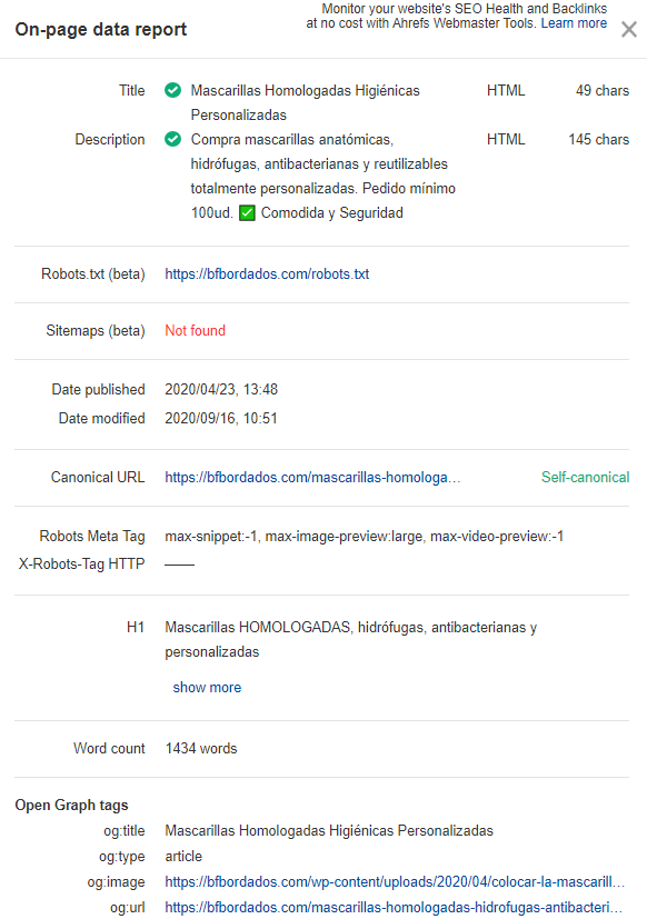 Informe de una página con sus metadatos, enlaces y etiquetas, para comprobar su optimización SEO.