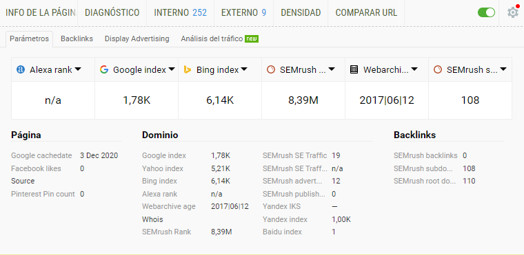 SEOquake: diagnóstico SEO de una página con métricas de Bing, SEMrush y otros servicios.
