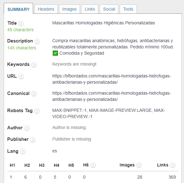 SEO META in 1 CLICK: resumen del título, descripción, URL canónica, robots, encabezados, imágenes y enlaces.