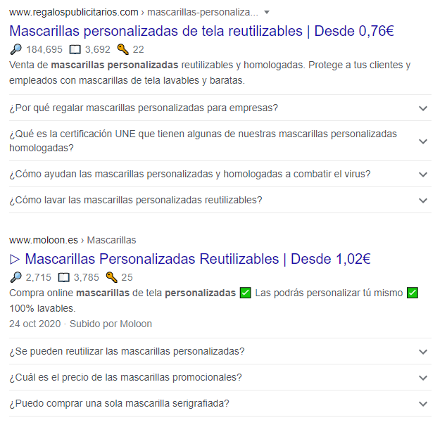 Resultados de Google para mascarillas personalizadas: títulos, descripciones y preguntas relacionadas.
