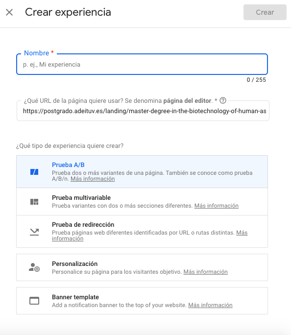 cuenta google optimize