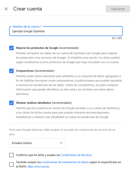 crear cuenta optimize