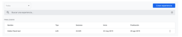 Lista de experiencias en Google Optimize, con sus nombres, tipos y estados y el botón Crear experiencia.